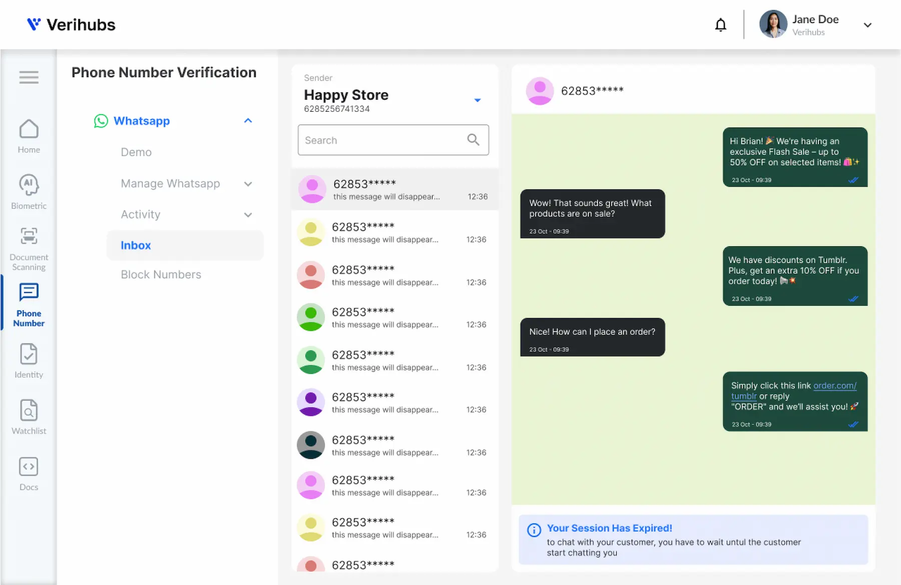 Verihubs Dashboard WhatsApp Inbox